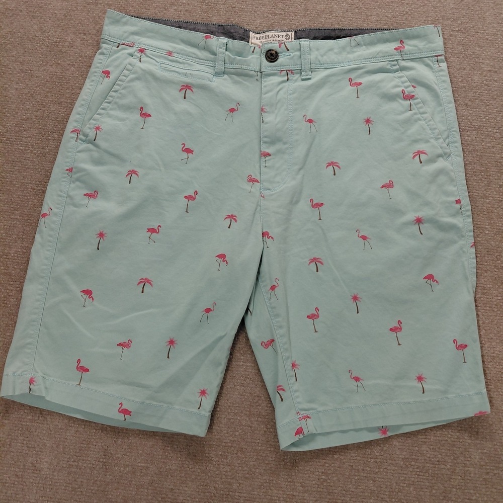Free Planet Shorts Mens 33 (Fits 35x9) Cotton Blue Pink Flamingo Beach Preppy